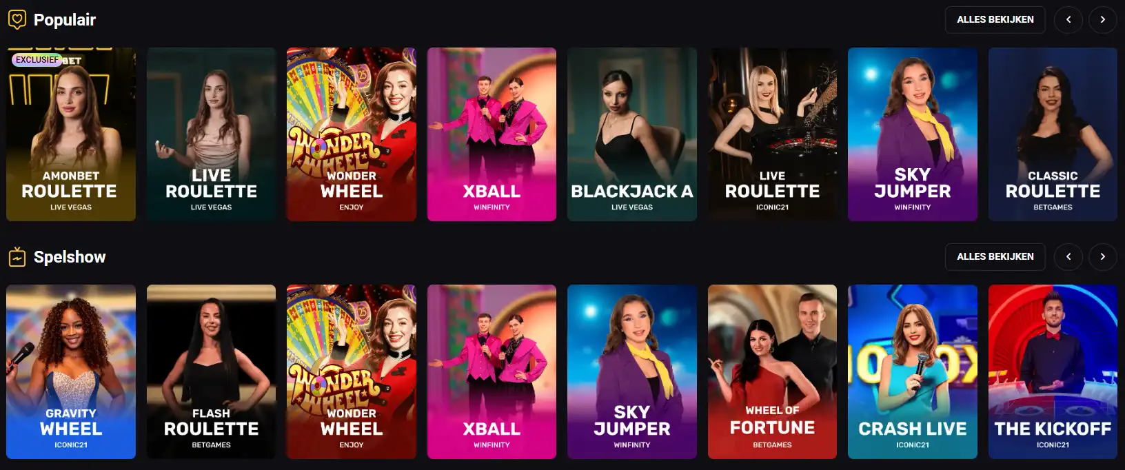 Amonbet live-casino lobby met tafelspellen van verschillende providers