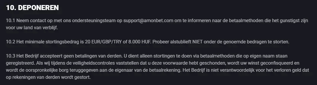 Betaaloverzicht van Amonbet met kaarten, bankoverschrijving en cryptovaluta