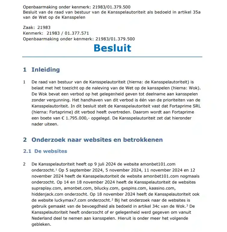 Kansspelautoriteit-pagina over de sanctie rond Fortaprime en amonbet.com