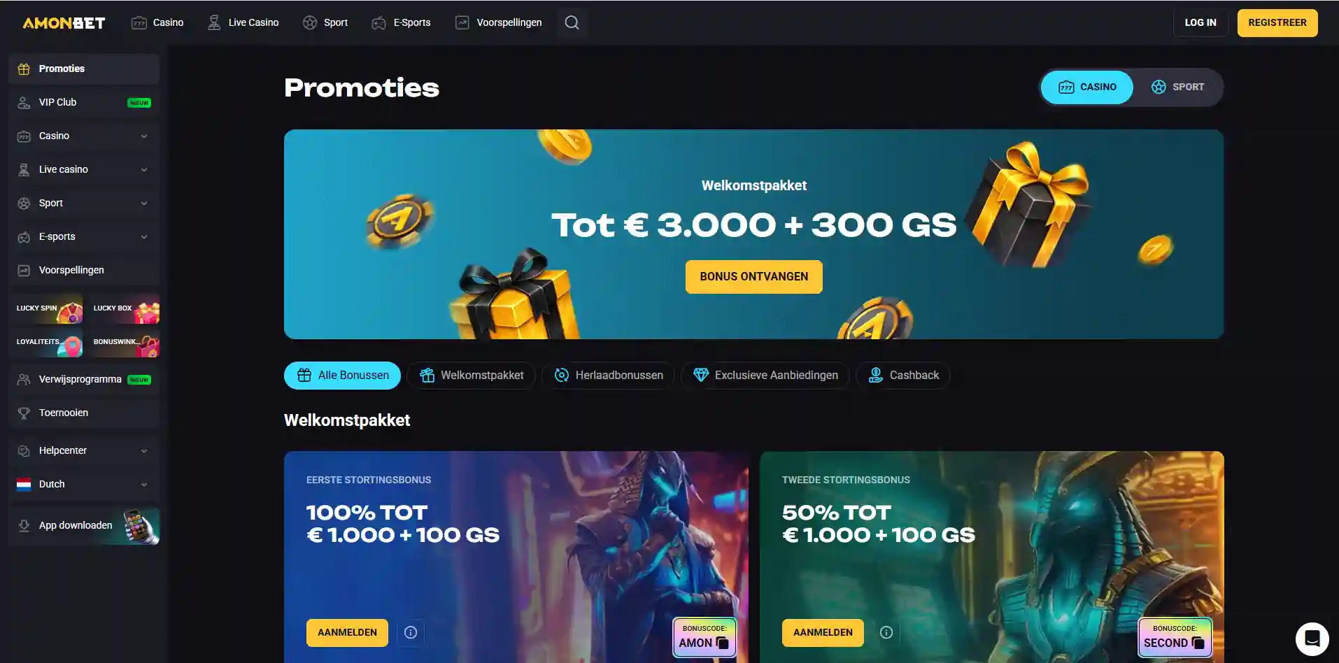 Amonbet-promotiepagina met de drie welkomstbonussen en bijbehorende bonuscodes