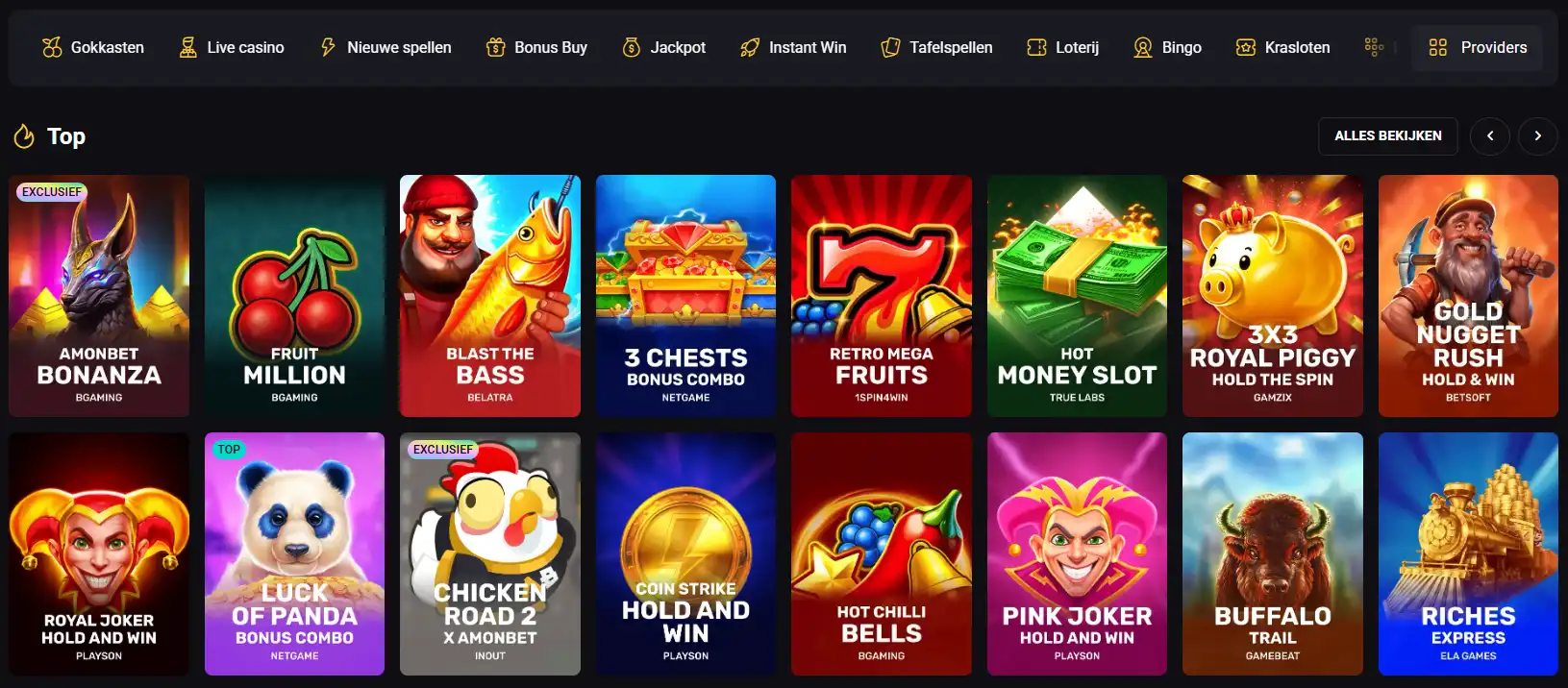 Amonbet-speloverzicht met verschillende casinocategorieën en aanbieders