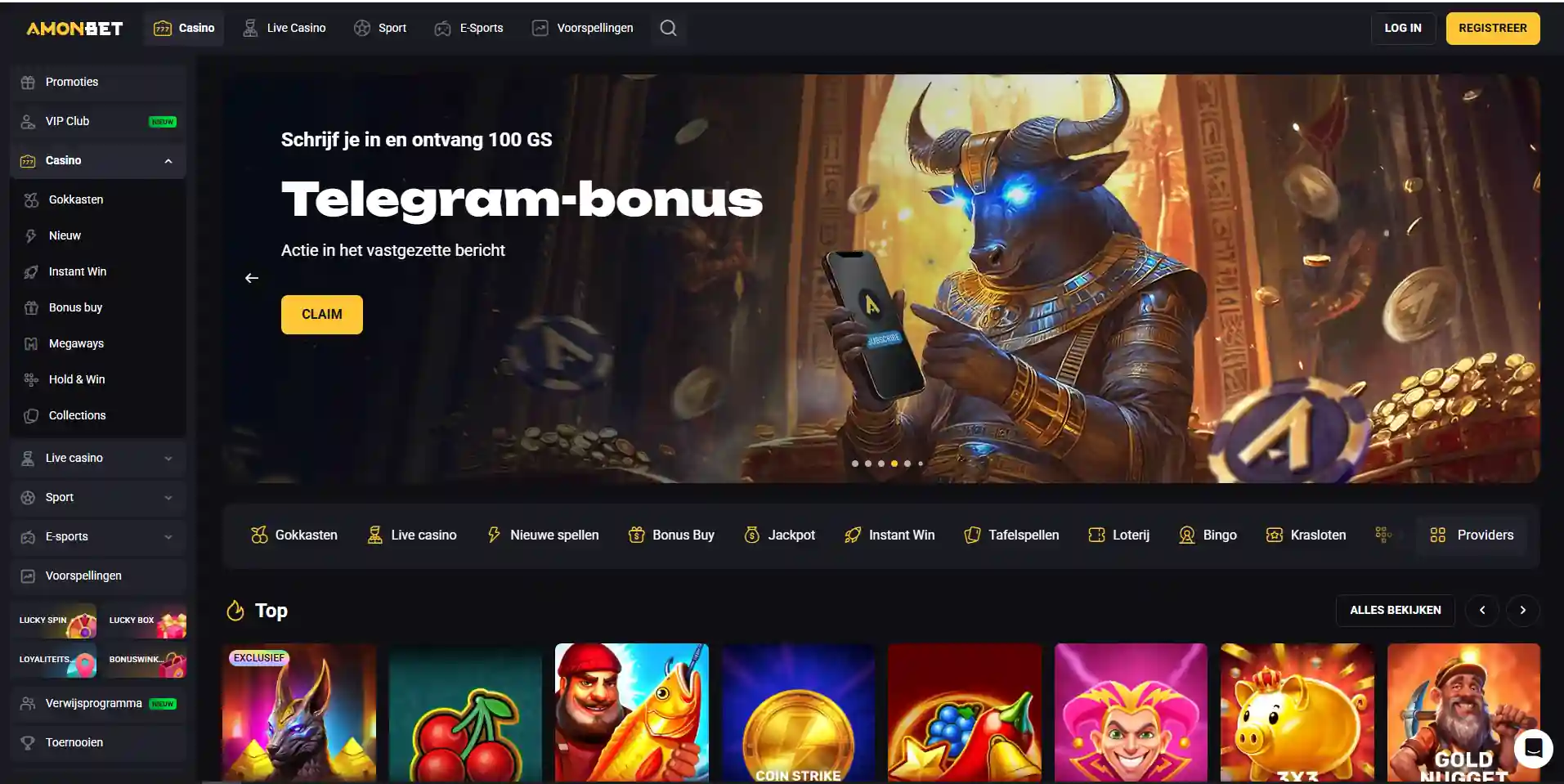 Amonbet-homepage in het Nederlands met de belangrijkste navigatie en casinosecties